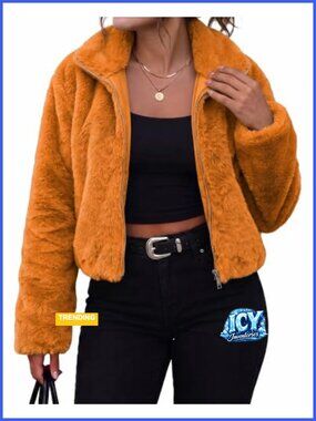 Faux Fur Cropped Zip Jacket Fuzzy Winter Coat for Women